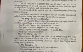 NIÊM YẾT CÔNG KHAI DANH SÁCH XÉT DUYỆT VÀ ĐỀ NGHỊ CÔNG NHẬN THƯƠNG BINH ĐỐI VỚI ÔNG NGUYỄN PHƯỢNG, THÔN ĐÔNG VĨNH