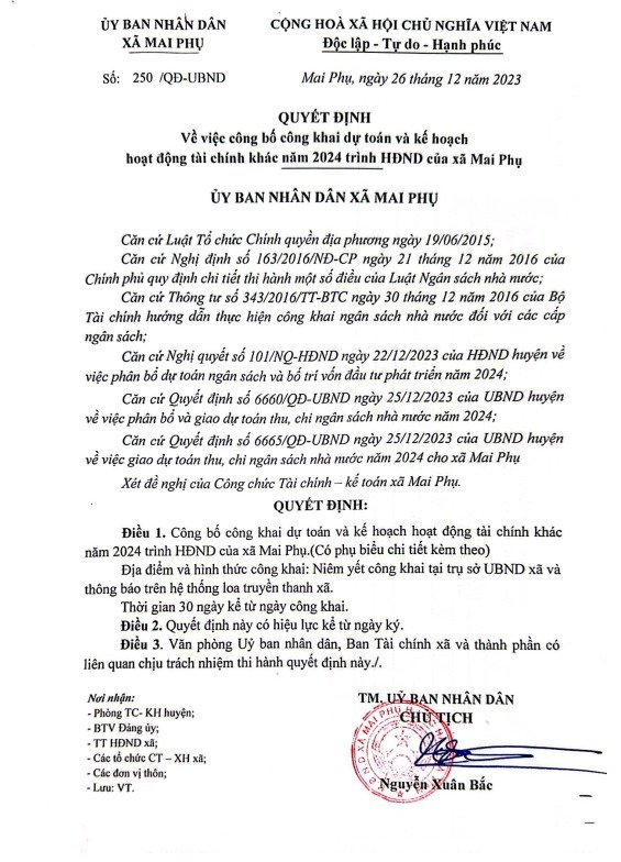 CÔNG BỐ CÔNG KHAI DỰ TOÁN DỰ TOÁN VÀ KẾ HOẠCH HOẠT ĐỘNG TÀI CHÍNH KHÁC NĂM 2014 TRÌNH HĐND CỦA XÃ MAI PHỤ