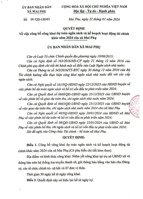 CÔNG BỐ CÔNG KHAI DỰ TOÁN NGÂN SÁCH VÀ KẾ HOẠCH HOẠT ĐỘNG TÀI CHÍNH KHÁC  NĂM 2024 CỦA XÃ MAI PHỤ